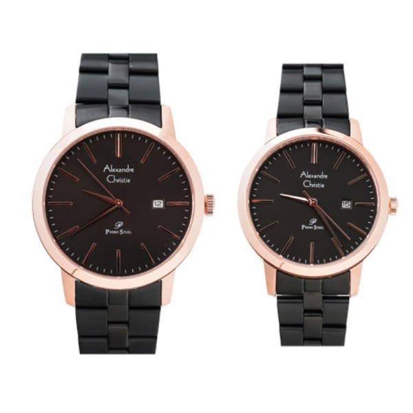 Alexandre Christie AC 1007 Rosegold Black Steel Couple